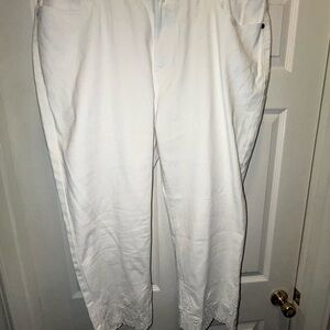 Women's White Cropped Capris with Embroidered Hem